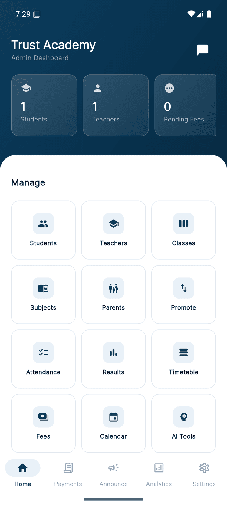 School admin dashboard on the SchoolManager Online mobile app